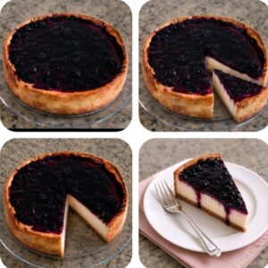 Blueberry cheesecake, whole and sliced