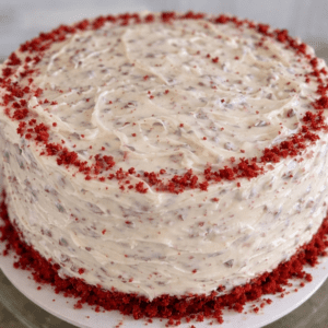 Red velvet cake with cream cheese frosting.
