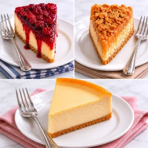 Three assorted cheesecake slices on plates.