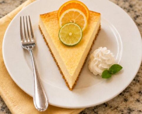 Slice of citrus cheesecake with whipped cream