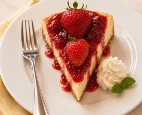 Slice of strawberry cheesecake with whipped cream