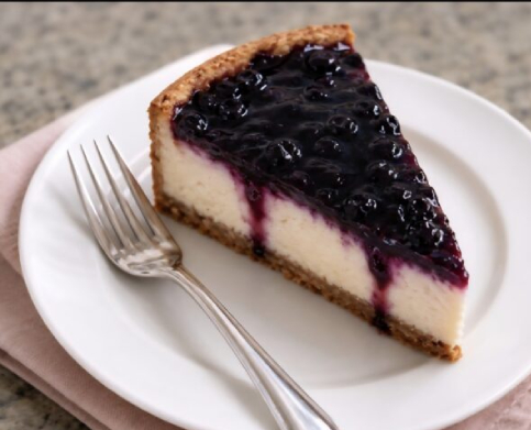 Slice of blueberry cheesecake on white plate