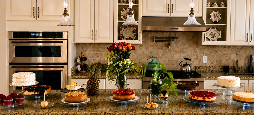 Elegant kitchen island with desserts and flowers