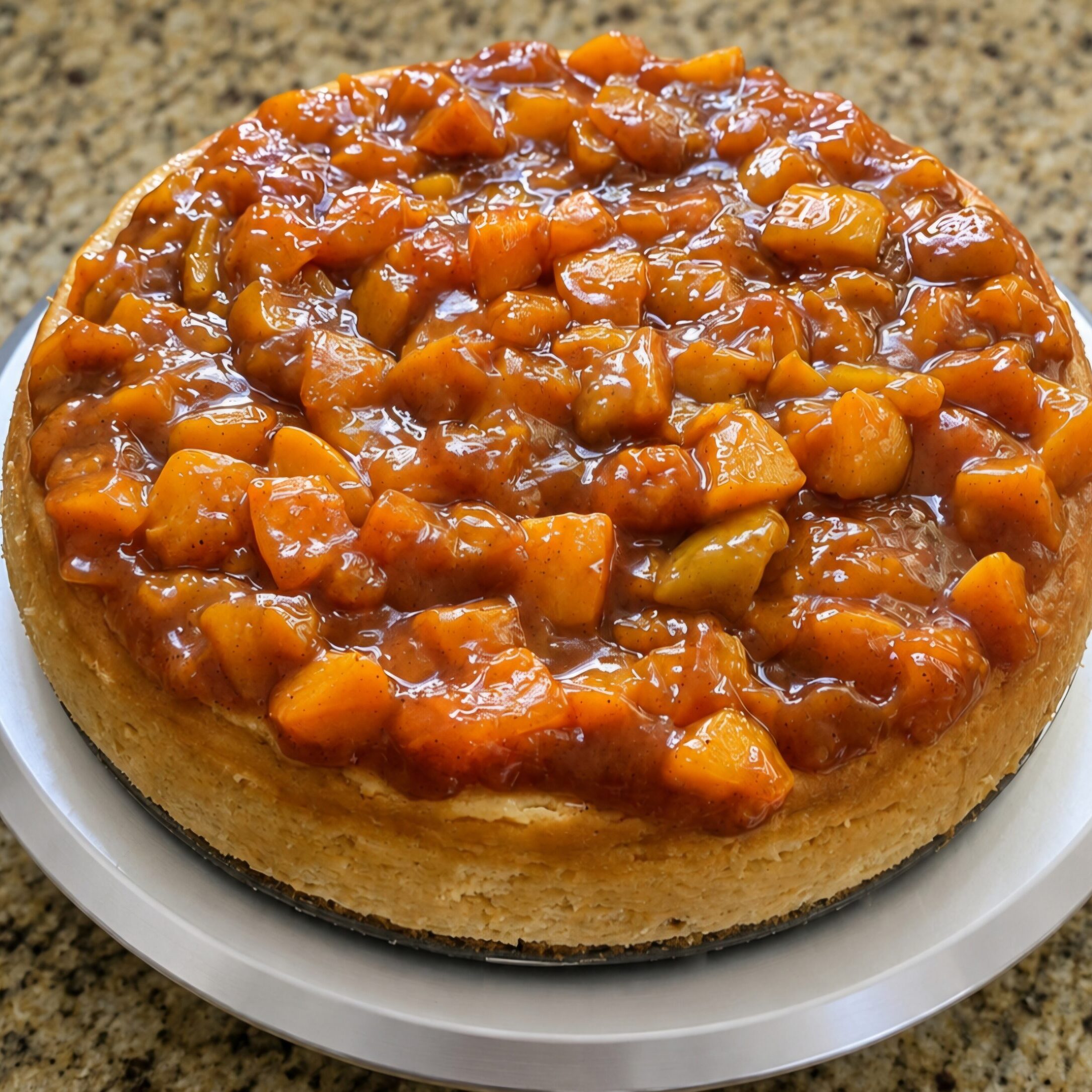 Glazed peach cheesecake on white plate